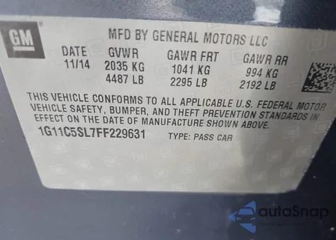 2015 Chevrolet Malibu 1Lt из США, поврежденный, VIN 1G11C5SL7FF229631